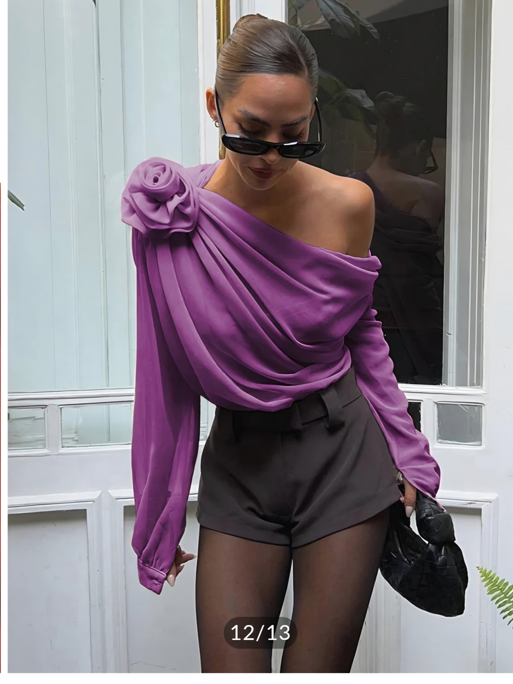 Chiffon Semi-Sheer One Shoulder Asymmetrical Blouse.
